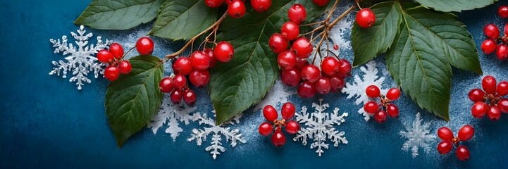 snow flakes with red fruits on blue background
