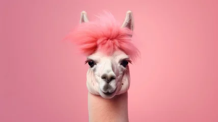 Foto op Canvas A llama standing tall with a vibrant pink mohawk hairstyle on its head. © pham