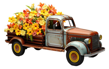 Playfulness of a Steel Toy Construction Truck Carrying Decorative Flowers with Precision on White or PNG Transparent Background.