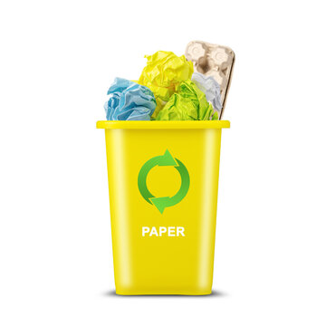 Yellow trash can. With a recycling icon for paper. Isolated on a white background. Garbage sorting. Ecology. Garbage recycling. Recycling.