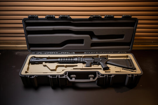 Modern firearm in strong transporting container. Generative AI