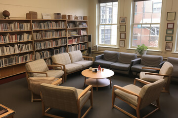 Library reading room with bookshelf, armchairs and coffee-table. Generative AI