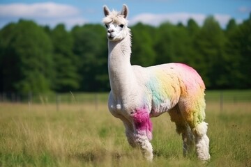 A photo capturing a white llama with a vibrant, multicolored mane standing majestically in a lush green field.