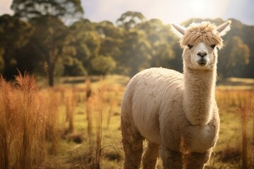 An alpaca stands confidently in a field, with a backdrop of trees in the background.