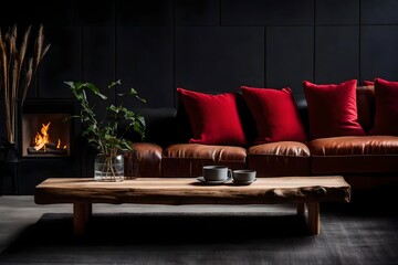 red leather sofa and table