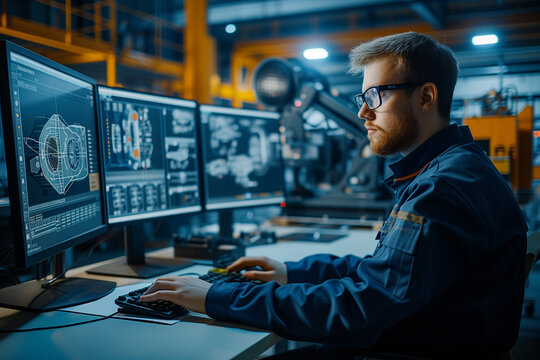 A mechanical engineer in a blue work shirt is focused on designing parts using 3d modeling software across multiple computer monitors.