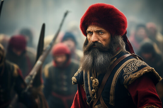 Senior aged cossack warrior with his army on battlefield. Generative AI