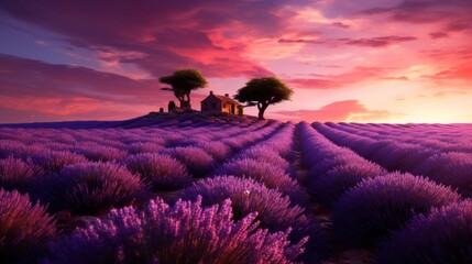 A vast lavender field with sparse trees, purple fragrant flowers and a rustic stone farmhouse in the distance. Golden Hour, Nature, Landscape concepts.