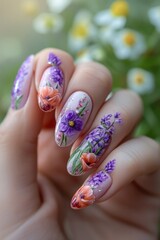 hand with manicure, nail art of flowers
