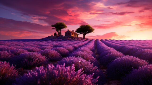 A vast lavender field with sparse trees, purple fragrant flowers and a rustic stone farmhouse in the distance. Golden Hour, Nature, Landscape concepts. © liliyabatyrova