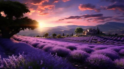 Fototapeta na wymiar A beautiful lavender field with sparse trees, purple fragrant flowers and a rustic stone farmhouse in the distance. Golden Hour, Nature, Landscape concepts.
