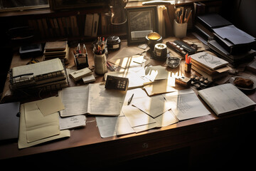 Top view on workplace of creative writer. Generative AI