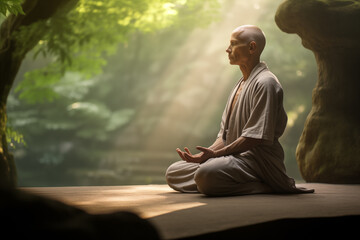Fototapeta na wymiar Martial art sensei meditating in serene surroundings embodying inner peace. Generative AI