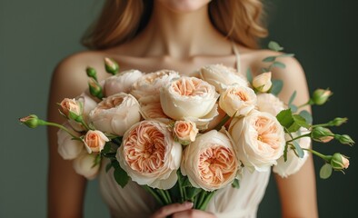 beautiful girl in an elegant dress, holding in her hands a large round bouquet of closed spray roses in the shape of a peony