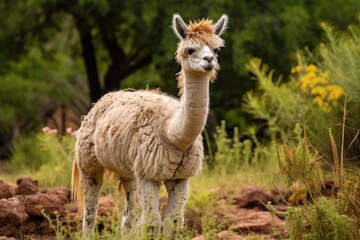 A llama stands among the tall grass in a peaceful field, surveying its surroundings.