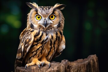 Obraz premium An owl is seen sitting on top of a tree stump in a forest.