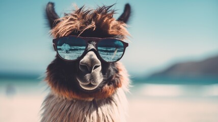 A llama with sunglasses close-up shot, showcasing the unique accessory and the animals expression.