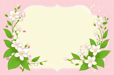 festive greeting card, white jasmine flowers and green petals on pink background, place for text is highlighted in light yellow in center of illustration