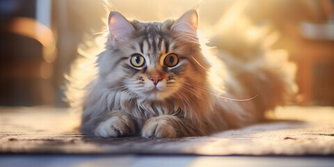 Serene Fluffy Cat Basking in Warm Sunlight on Cozy Afternoon Indoors - Perfect Pet Portrait