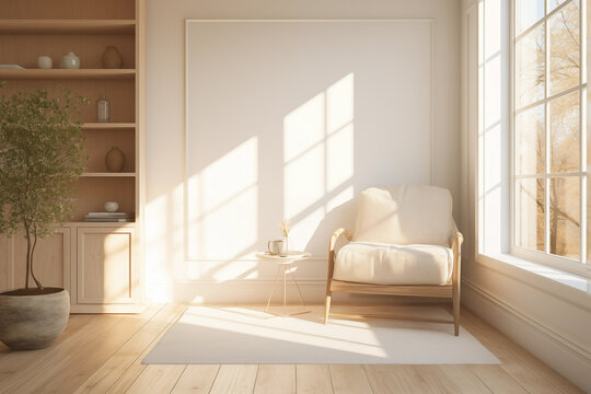 Light living room interior with warm summer sun light. Generative AI