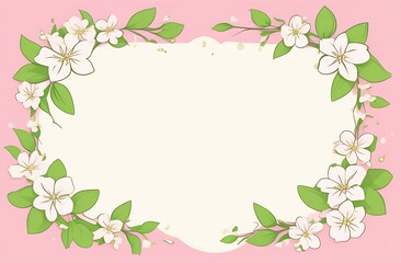 Festive greeting card on a pink background, a frame of white jasmine flowers with green petals, a place for the text is highlighted in white in the center of the illustration, copy space
