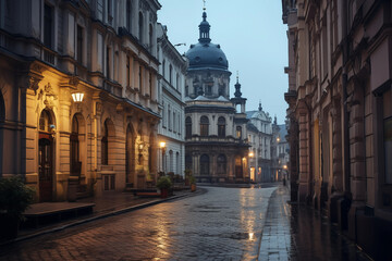 Fototapeta na wymiar Architectural marvels of Lviv Ukrainian city with cobblestone streets. Generative AI