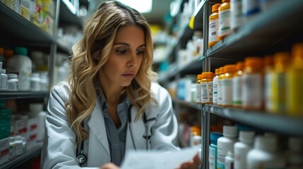 A confident woman doctor reviewing patient prescriptions, ensuring accurate medication