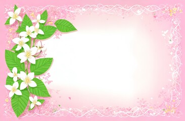 Obraz na płótnie Canvas Holiday greeting card, white jasmine flowers and green petals on pink background, space for text highlighted in white in center of illustration