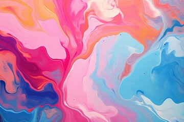 This photo depicts an abstract painting featuring vibrant hues of blue, pink, and orange.