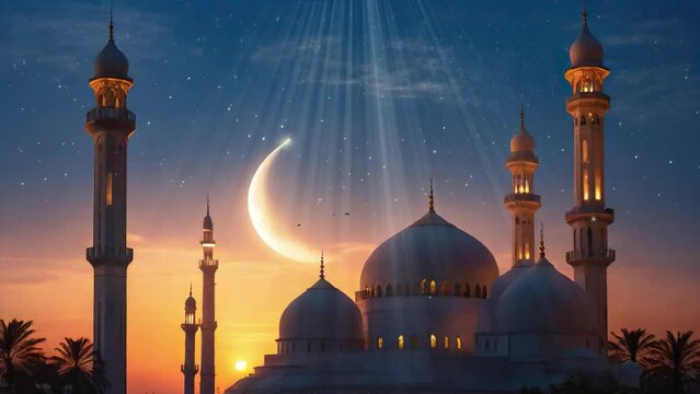 Enchanting Ramadan Mosque Amidst Captivating Sunset Scenes: A Animated Islamic Perspective