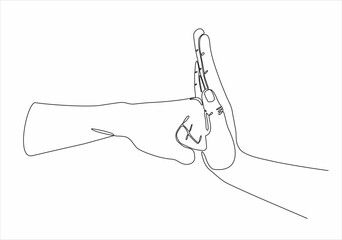 continuous line drawing of female hand using palm to stop human punch from attack isolated on white background vector illustration