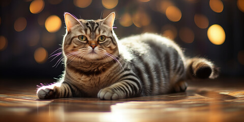 Serene Feline Majesty: Whiskered Beauty Lounging in Enchanting Bokeh Light - Perfect Pet Photography - obrazy, fototapety, plakaty