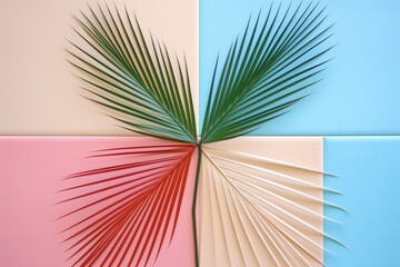 This photo showcases a detailed view of a palm leaf against a vibrant pink and blue backdrop.