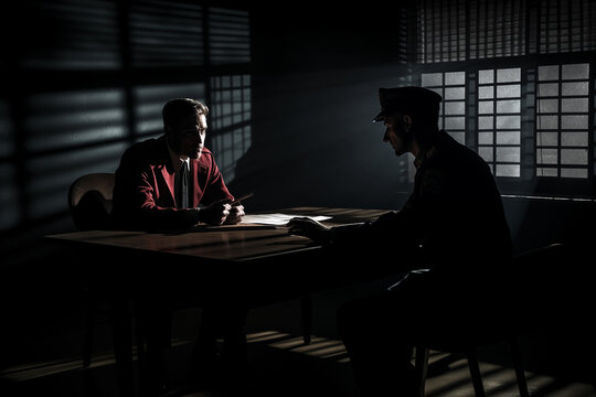 Detective interrogating suspect in dimly lit interrogation room. Generative AI