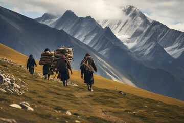 Fototapeta na wymiar Back view of mountain nomads people traversing mountain range. Generative AI