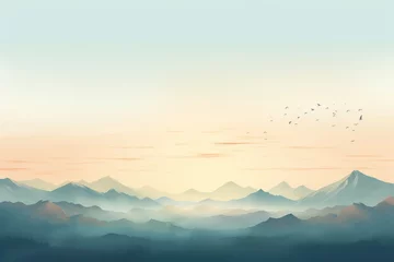 Foto op Plexiglas A majestic painting depicting a scenic mountain landscape with birds gracefully soaring through the vast expanse of the sky. © pham