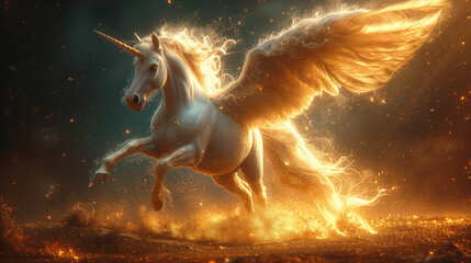 Naklejka premium white unicorn with burning wings flying above
