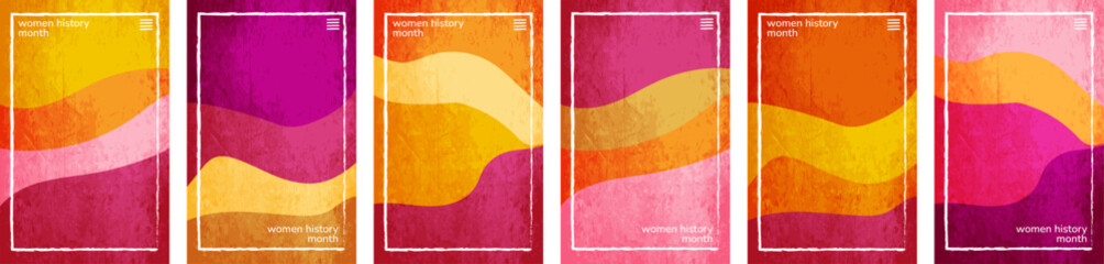 Women History Month theme color tone, hues crushed paper vertical background template frame. March Awareness Vector. Set of 6 collections. User interface backdrop texture. Online app visual concept