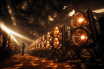 Rows of mining farm with dramatic overhead lighting effects. Generative AI