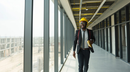 handsome engineer businessman with yellow helmet walking