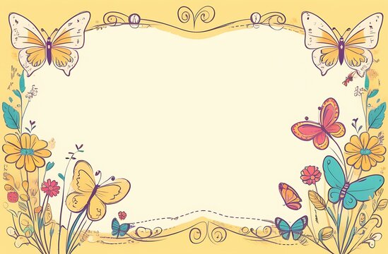 greeting card with wildflowers and colorful butterflies light yellow background, horizontal frame with space for text, a bright and beautiful illustration for various events, copy space