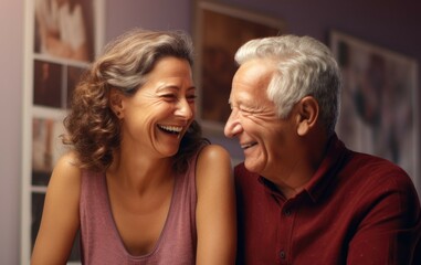 A joyful man and woman share laughter as they sit together in a cozy living room.