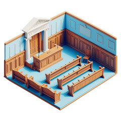 "Stylized courtroom setup on an open book, transparent background, for legal concepts."	