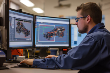 A professional engineer in blue attire meticulously designs mechanical components using advanced 3D modeling software at his workstation.