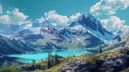 Naklejka na ściany i meble Rocky Mountains with a Lake in the Background - Majestic Scenery