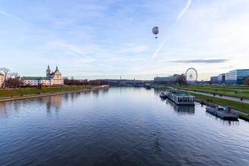 Krakow, Poland January 1, 2023. View of the Vistula River, air balloon, on a sunny day. Sights of...
