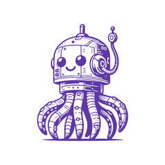 Cute Mechanical Robot Octopus. Vector Monochrome Illustration on White Background.