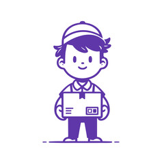 Cute Deliveryman Standing with a Parcel. Vector Monochrome Illustration on White Background.