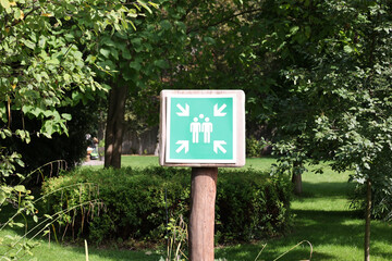 Sign assembly point for evacuation or emergency