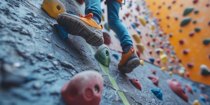 Climber on a climbing wall. A young woman climbs on a climbing wall.